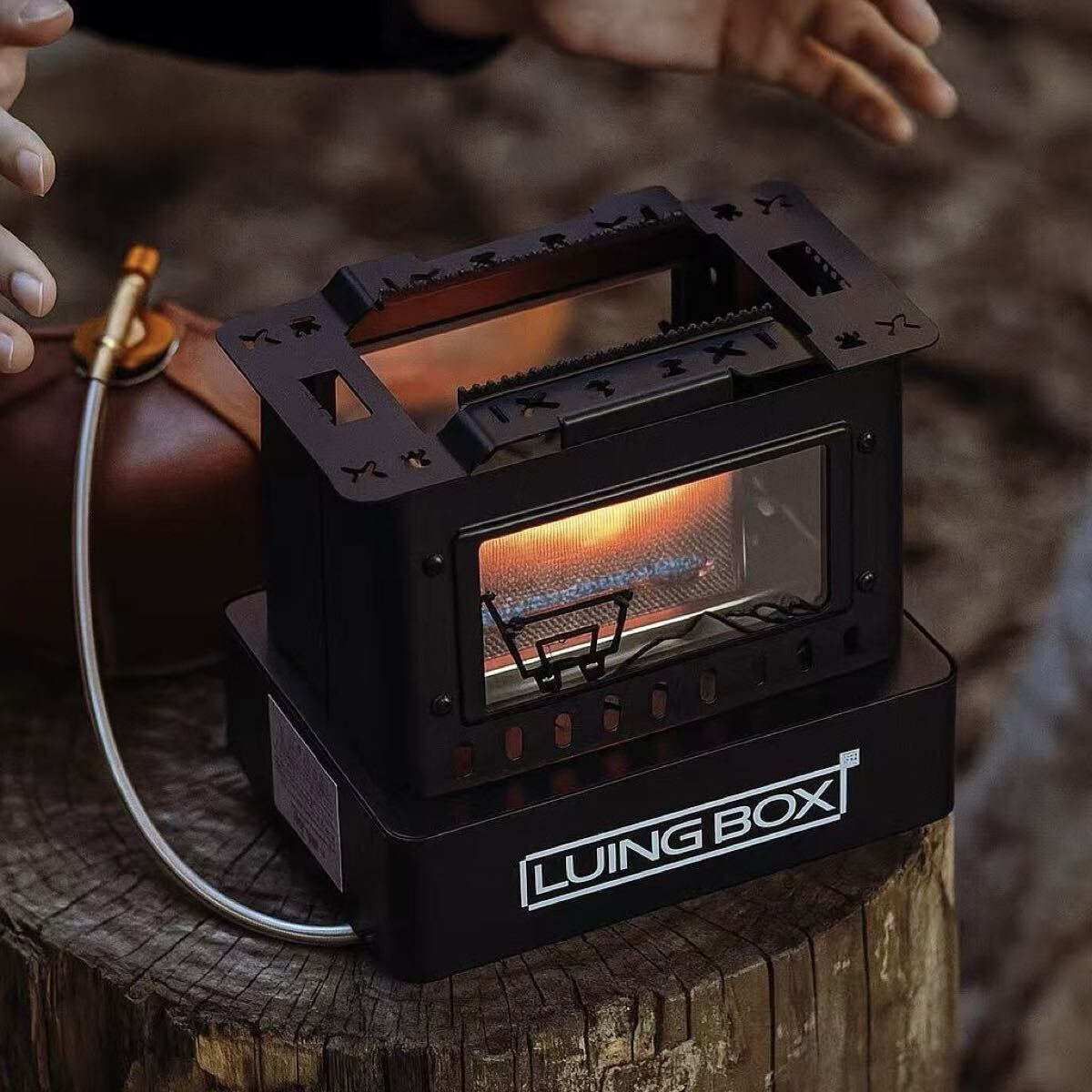 キャンプ用 多機能暖炉 ガスバーナー ストーブ ヒーター 耐熱ガラス窓 1100g 18x14.3x17cm 小型 1900w OD缶 アウトドア 野外登山 ストーブ拍卖