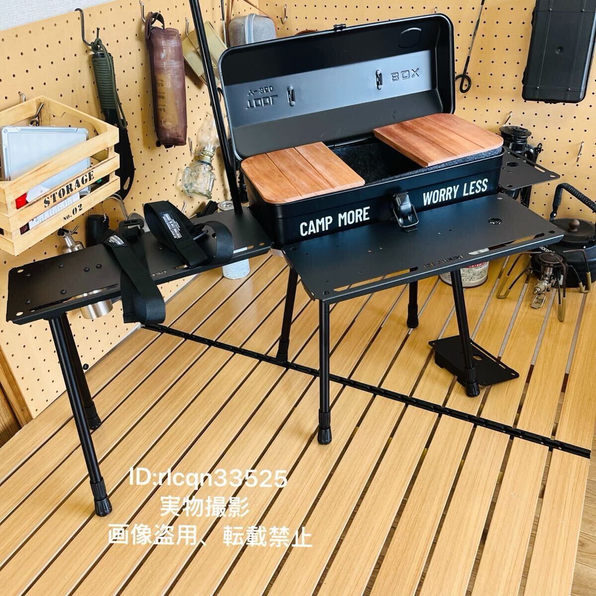折りたたみ式ツールボックステーブル セット 多機能 コーヒーテーブル 作業台 収納便利 アウトドア ソロキャンプ ボックス付 固定バンド付拍卖