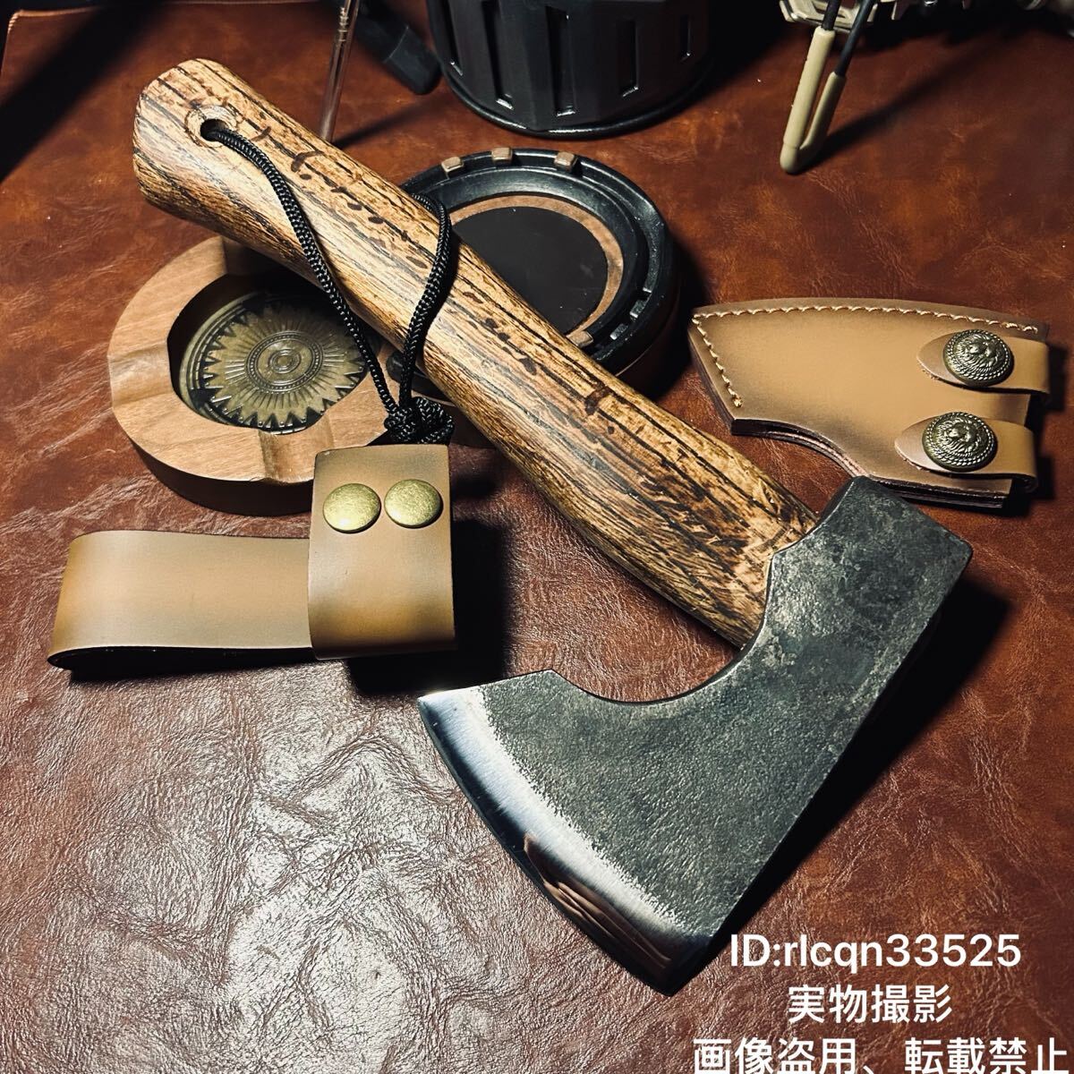 アウトドア用 鍛造手斧 薪割り斧 鋼製 焚き火斧 木製柄 27cm キャンプ 野外登山 サバイバル シース付 798g拍卖