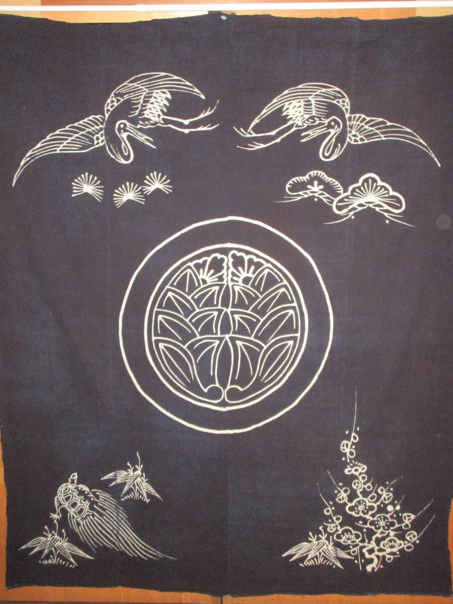 【昔古布】大正期 無傷で 美品 厚手の 藍染手織木綿 筒描4幅 (長164) ●松竹梅鶴亀・抱き茗荷● 拍卖