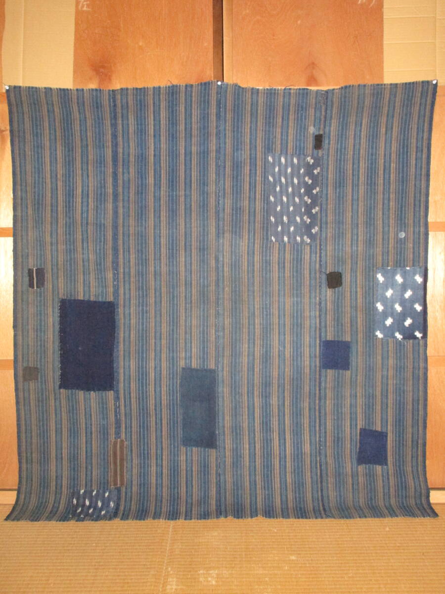 【昔古布】大正期頃 厚手の 藍染木綿 襤褸BORO 4幅 (長142) ●継ぎ接ぎ・刺子・ボロ布・インディゴ●拍卖