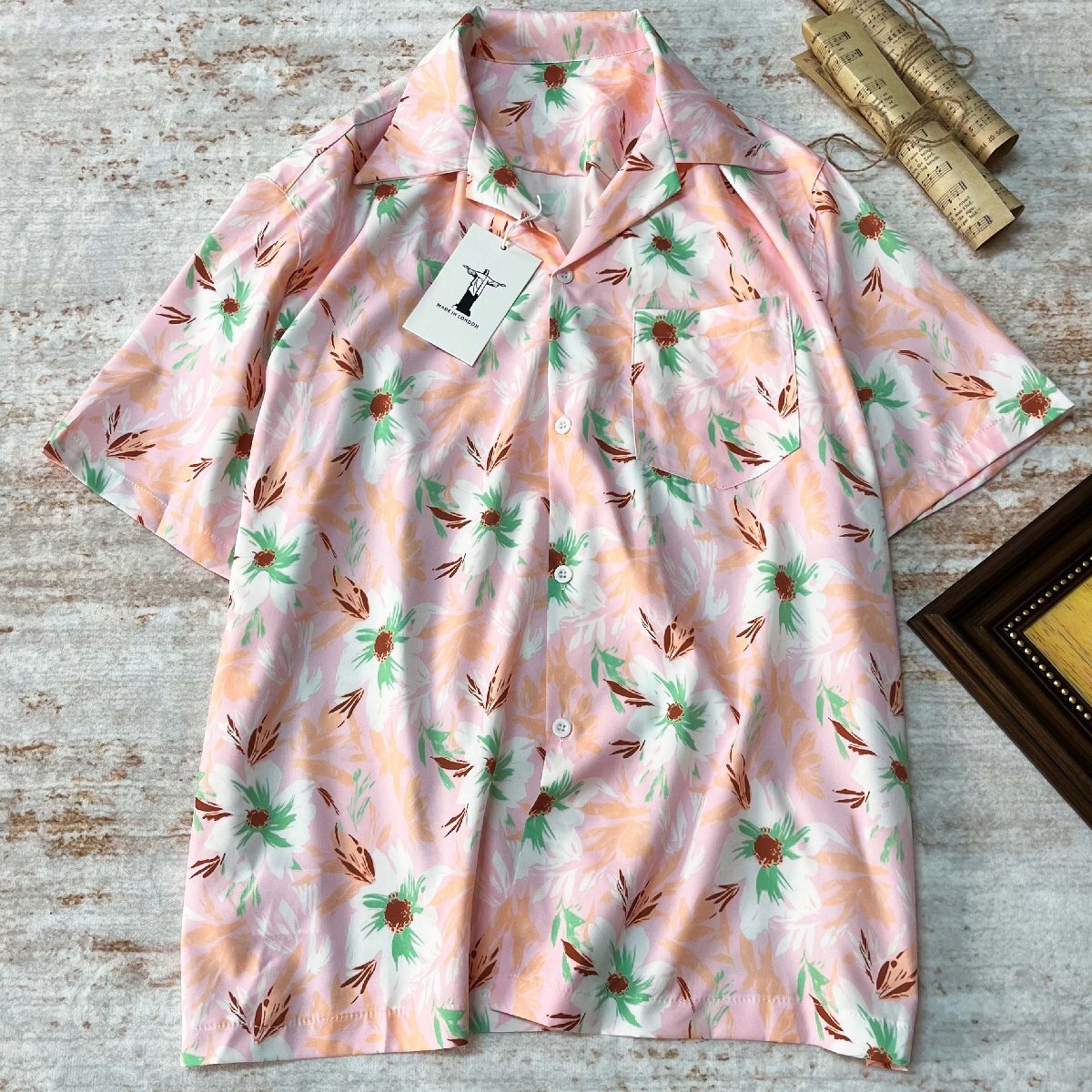 半袖 シャツ ロンドン製造 シルク混 上質 ソフト 可愛い シック 開襟シャツ ハワイアン アロハシャツ カジュアル 日常着 海辺 夏 SIZE:L拍卖