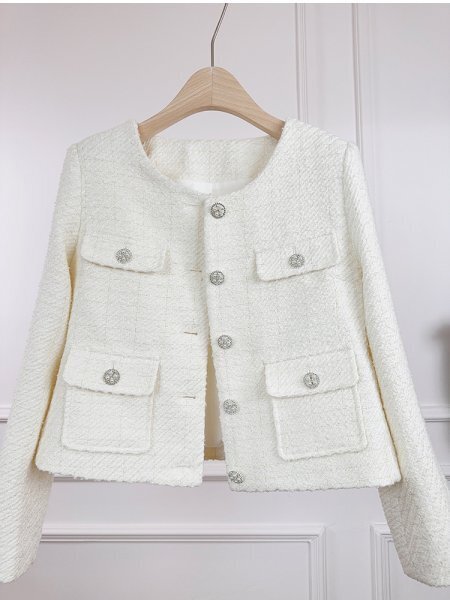 ツイードジャケット 高級 耐久 ノーカラー ショート丈 エレガント キレイめ フォーマル カーディガン レディース ホワイト Lサイズ xfz37.L拍卖