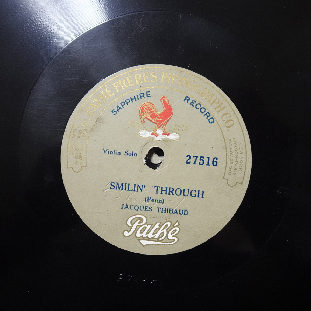 縦振動盤 米Pathe 27516 「スマイリン・スルー」 ジャック・ティボー拍卖