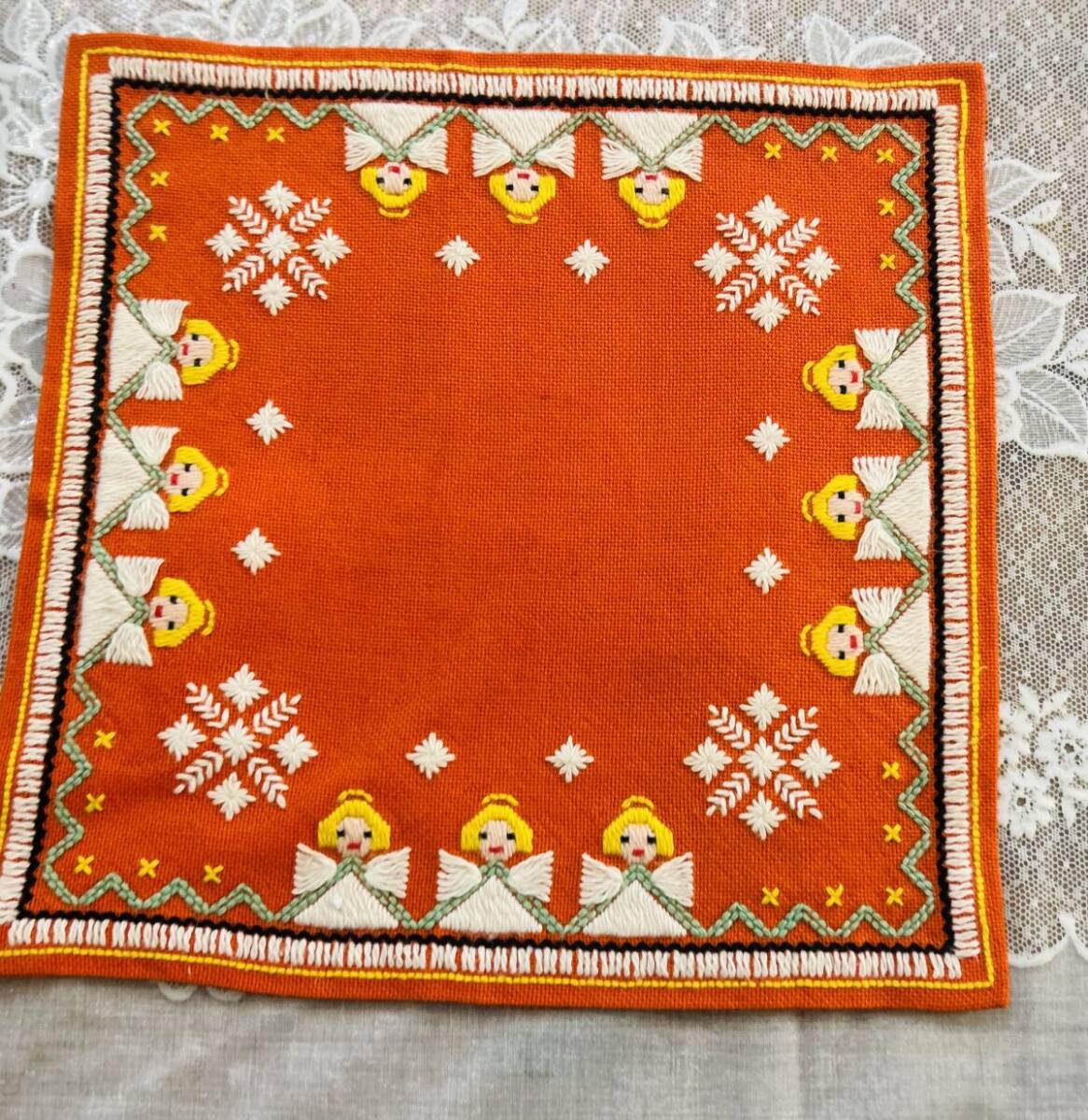 北欧クリスマス☆コットン オレンジ地 エンジェル クロス拍卖