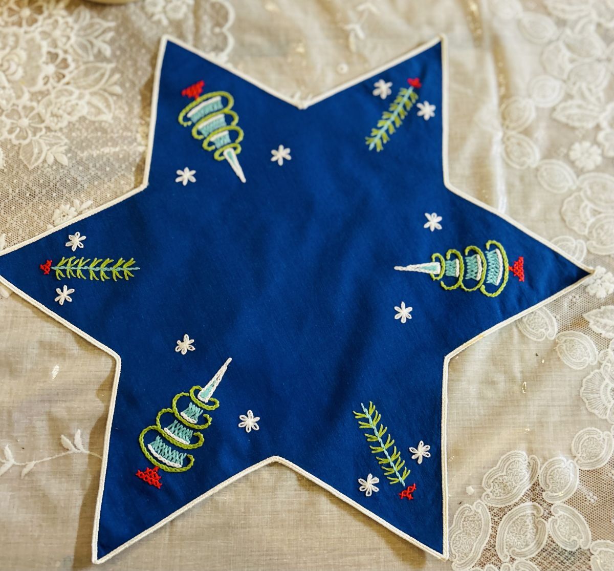 北欧クリスマス☆手刺繍 コットン青地 星型クロス拍卖