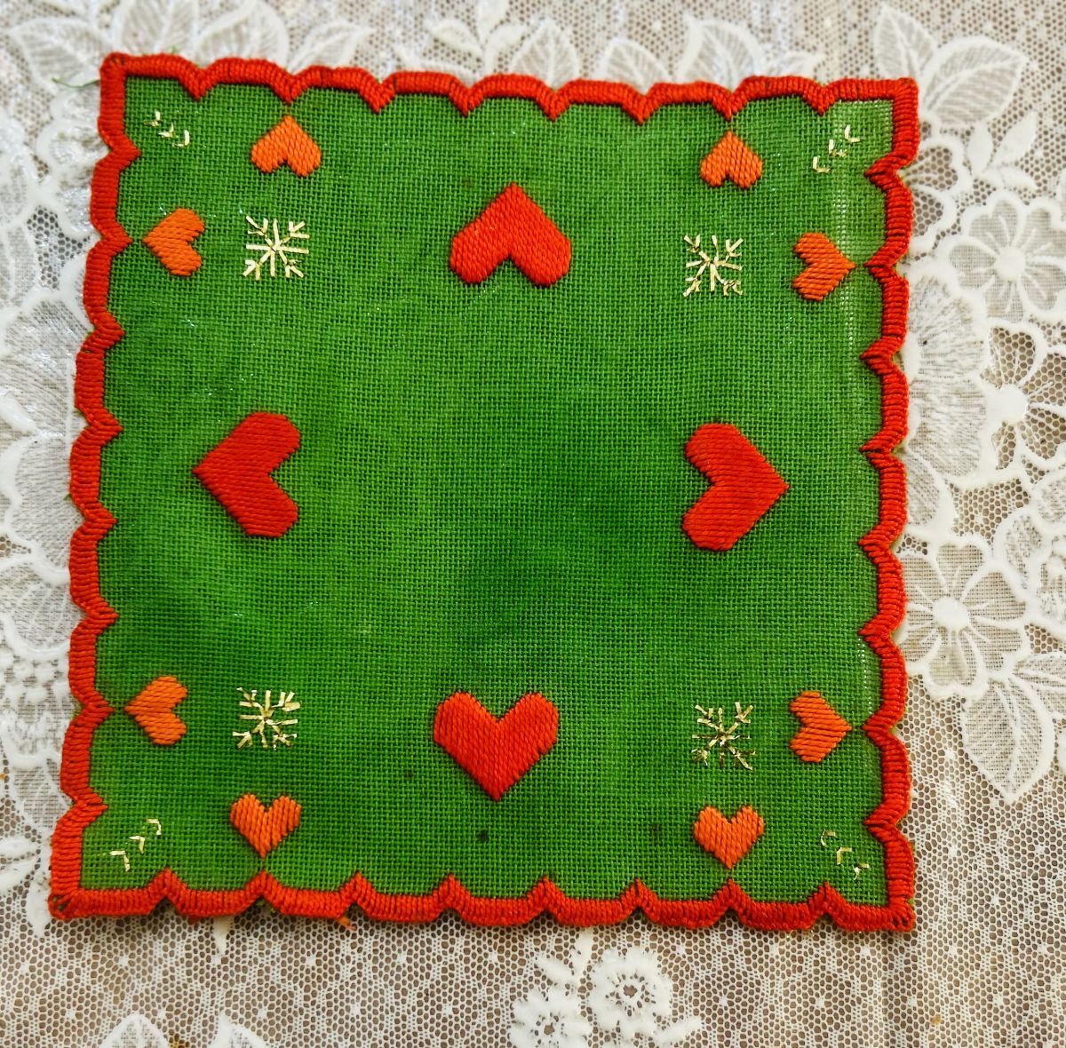 北欧クリスマス☆コットン グリーン地 ハート クロス*訳あり拍卖