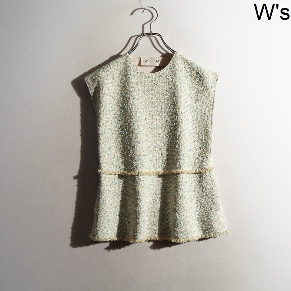 R3345f14 ▼Drawer ドゥロワー▼ ジャカード ノースリーブ ブラウス ブルーグリーン 36 / 6521-299-1192 ベスト ジレ ツイード 春~秋 rb拍卖