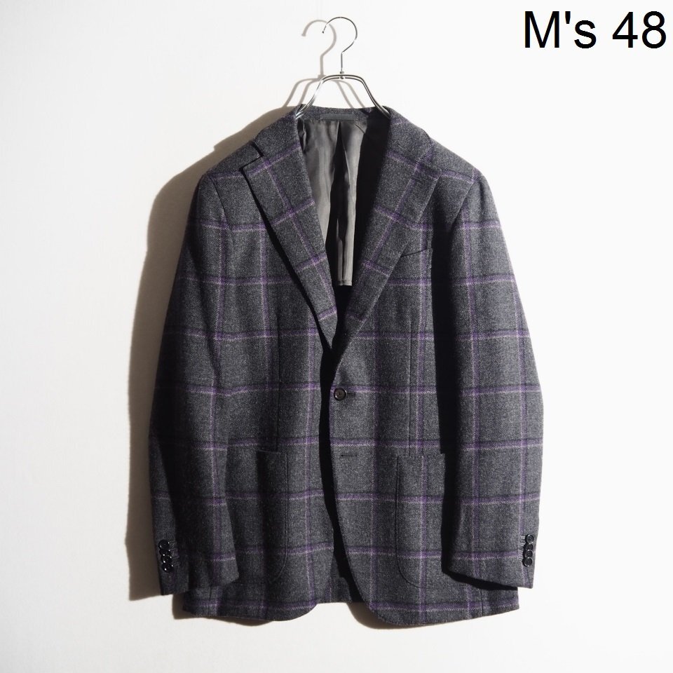 C4736P ▼CARUSO カルーゾ▼ ウィンドウペーン ウール 3B テーラードジャケット チャコールグレー パープル 48 秋冬 rb mks拍卖