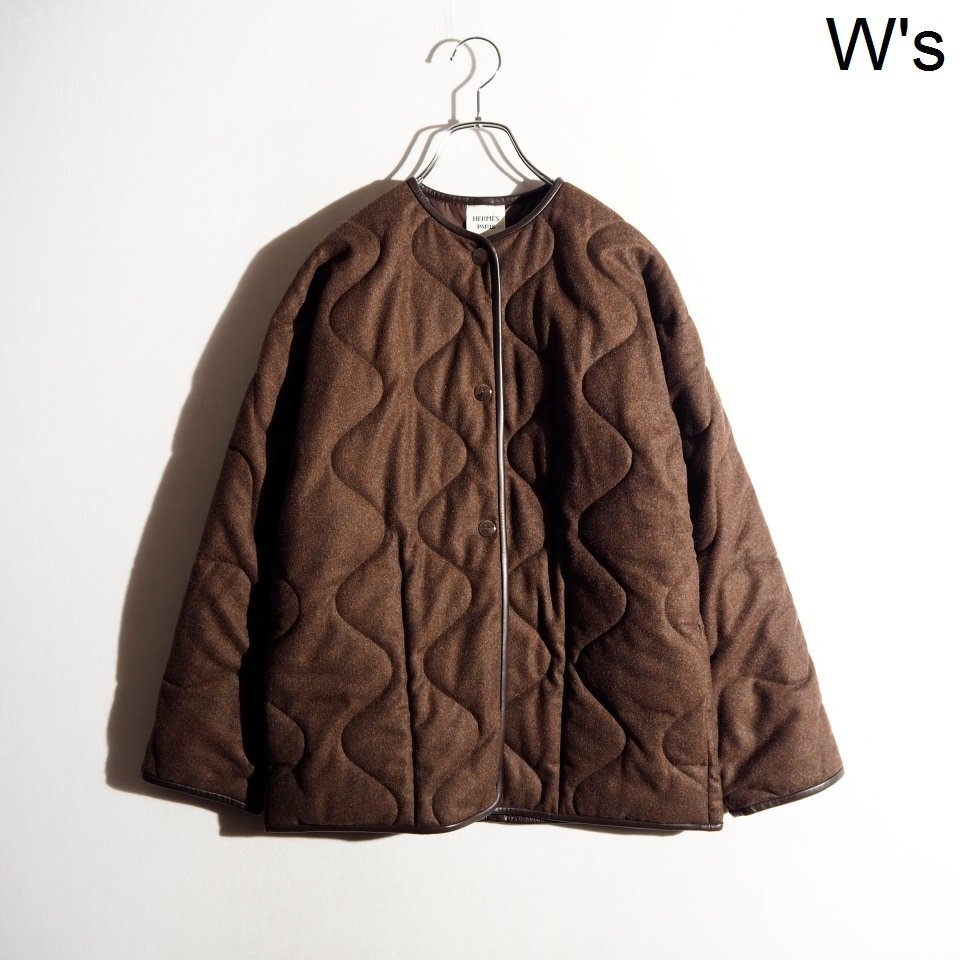 R2880P ▼HERMES エルメス▼ 23AW セリエボタン パイピングレザー ウール カシミヤ キルティングジャケット ブラウン 34 / コート rb mks拍卖