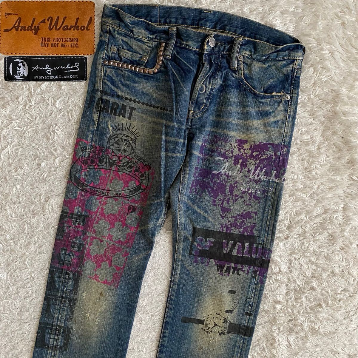 極美品/W30 Andy Warhol by HYSTERIC GLAMOUR ヒステリックグラマー アンディーウォーホル スタッズデニム グラフィックプリント ヒゲ拍卖