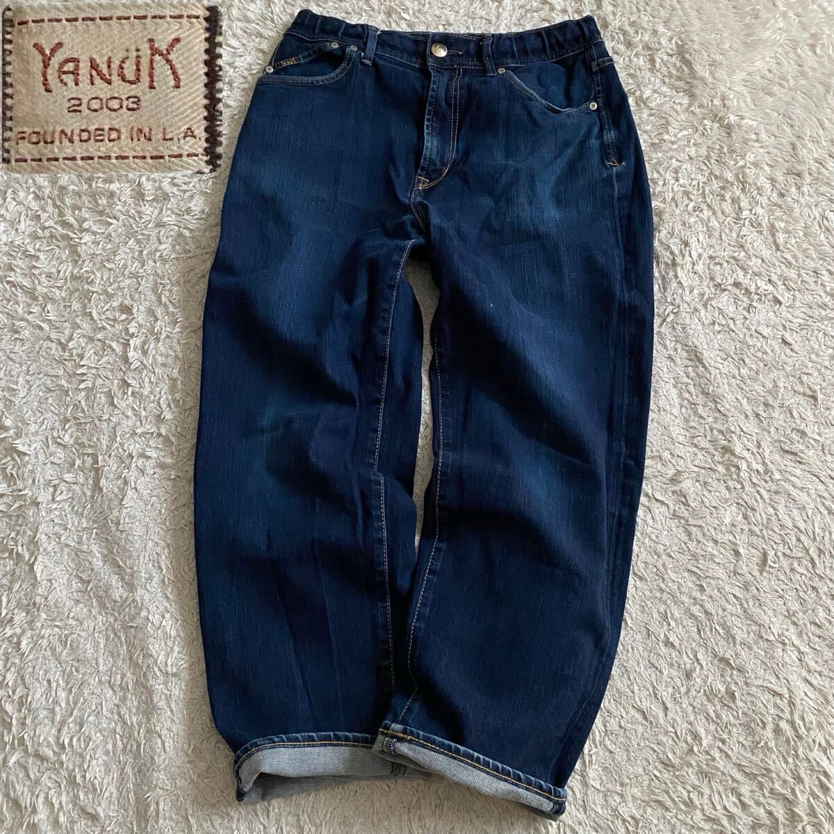 美品/L YANUK ROOMY PREMIUM2 ヤヌーク ルーミー プレミアム2 ワイドストレートデニム ストレッチ ワンウォッシュ USED加工 日本製ジーンズ拍卖