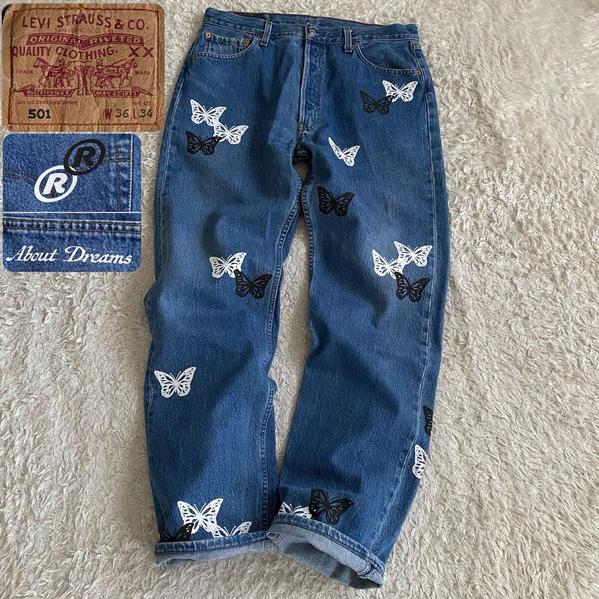 W36 Levi's About Dreams リーバイス アバウトドリームス バタフライペイント 蝶々 USED加工 ダメージ加工 ジーンズ ユーロデニム コラボ拍卖