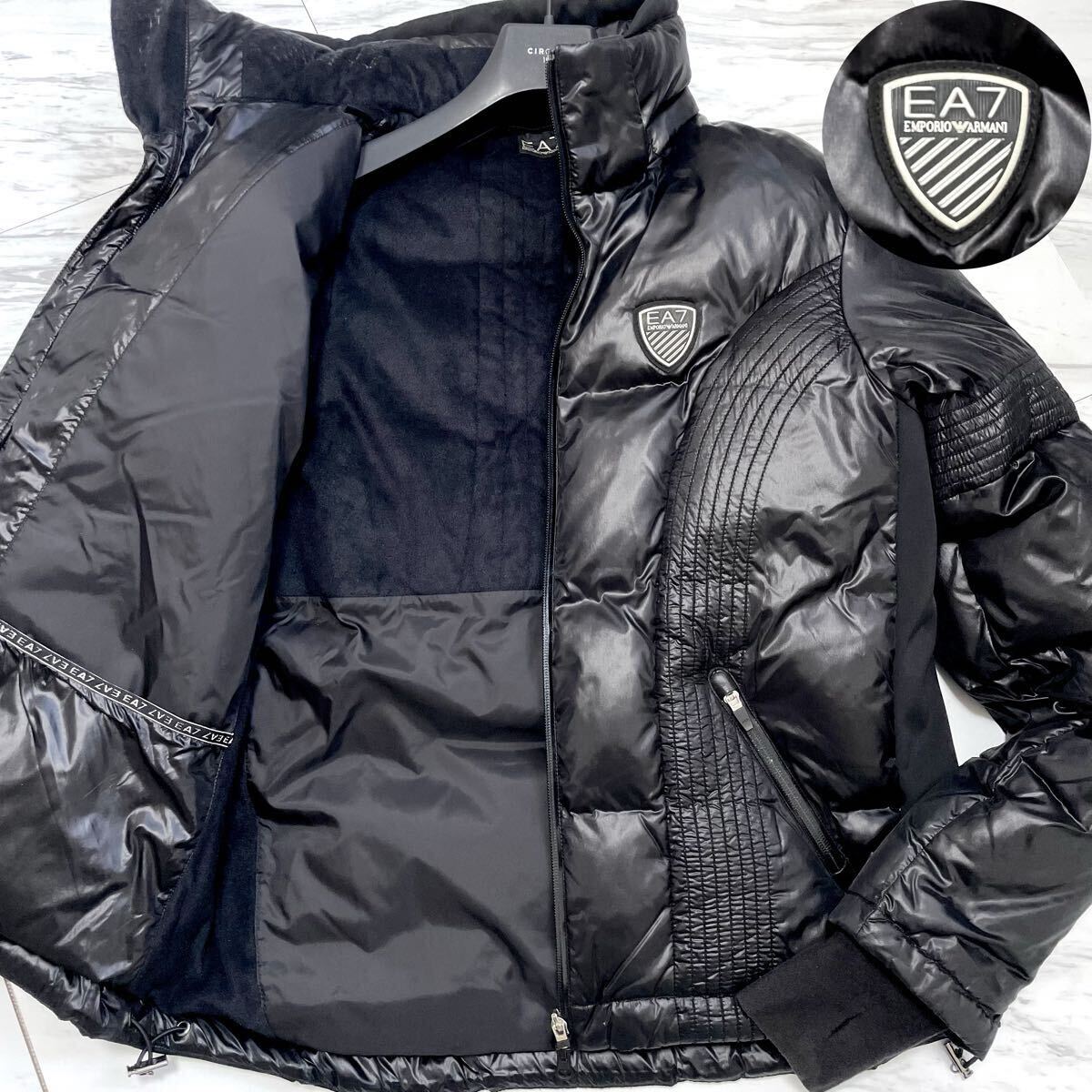 美品/XL相当●エンポリオアルマーニ EMPORIO ARMANI ダウンジャケット ブルゾン エンブレムロゴワッペン 切替 裏地微起毛 黒 肉厚 極暖◎拍卖