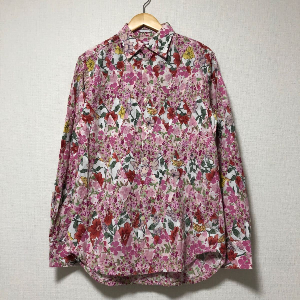 (k) Paul Smith ポールスミス ダイヤ柄 パッチワーク 花柄 長袖シャツ ピンク メンズ サイズM コットン 綿 拍卖