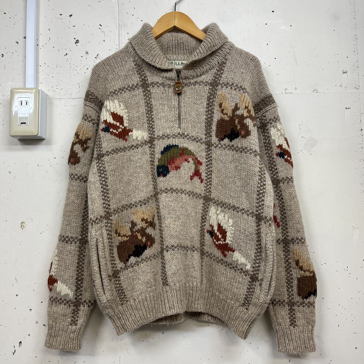 90s 90年代 LLBean ハーフジップ ニットセーター ポケット有 長袖 ベージュ 総柄 ウール メンズ M 拍卖