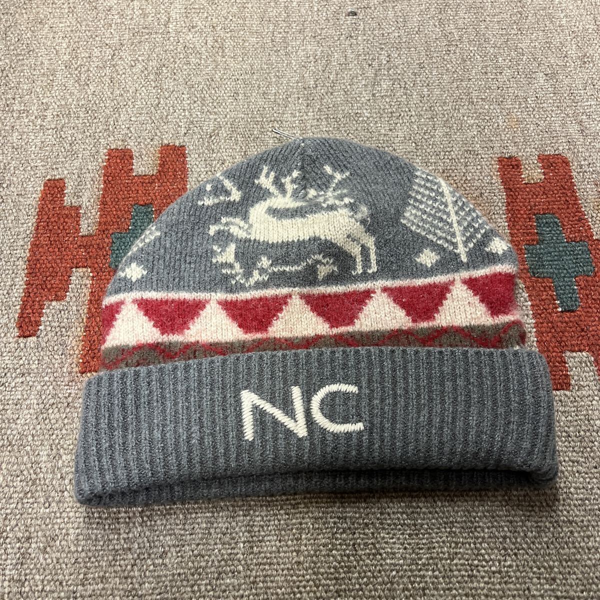 NIGEL CABOURN ナイジェルケーボン ウール ニットキャップ ビーニー ニット帽 グレー 総柄 拍卖