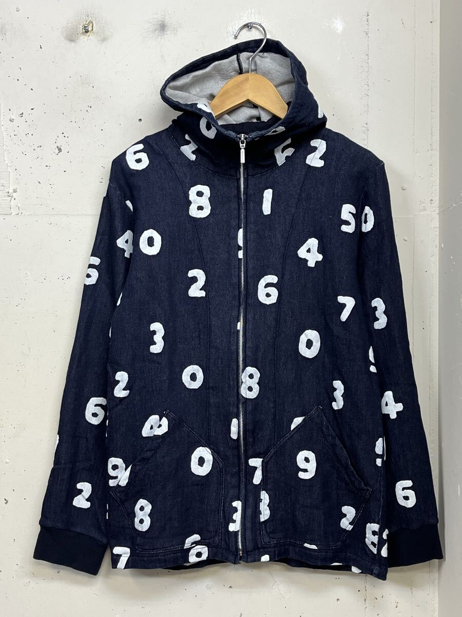 美品 sou sou × le coq sportif 数字プリント ストレッチ デニム調 フルジップ スウェット パーカー M 紺 日本製 ソウソウ拍卖