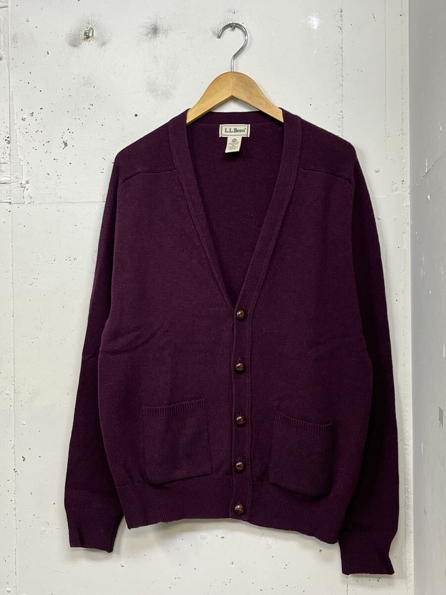 90s llbean スコットランド製 胡桃ボタン ニットカーディガン エンジ メンズM ヴィンテージ拍卖