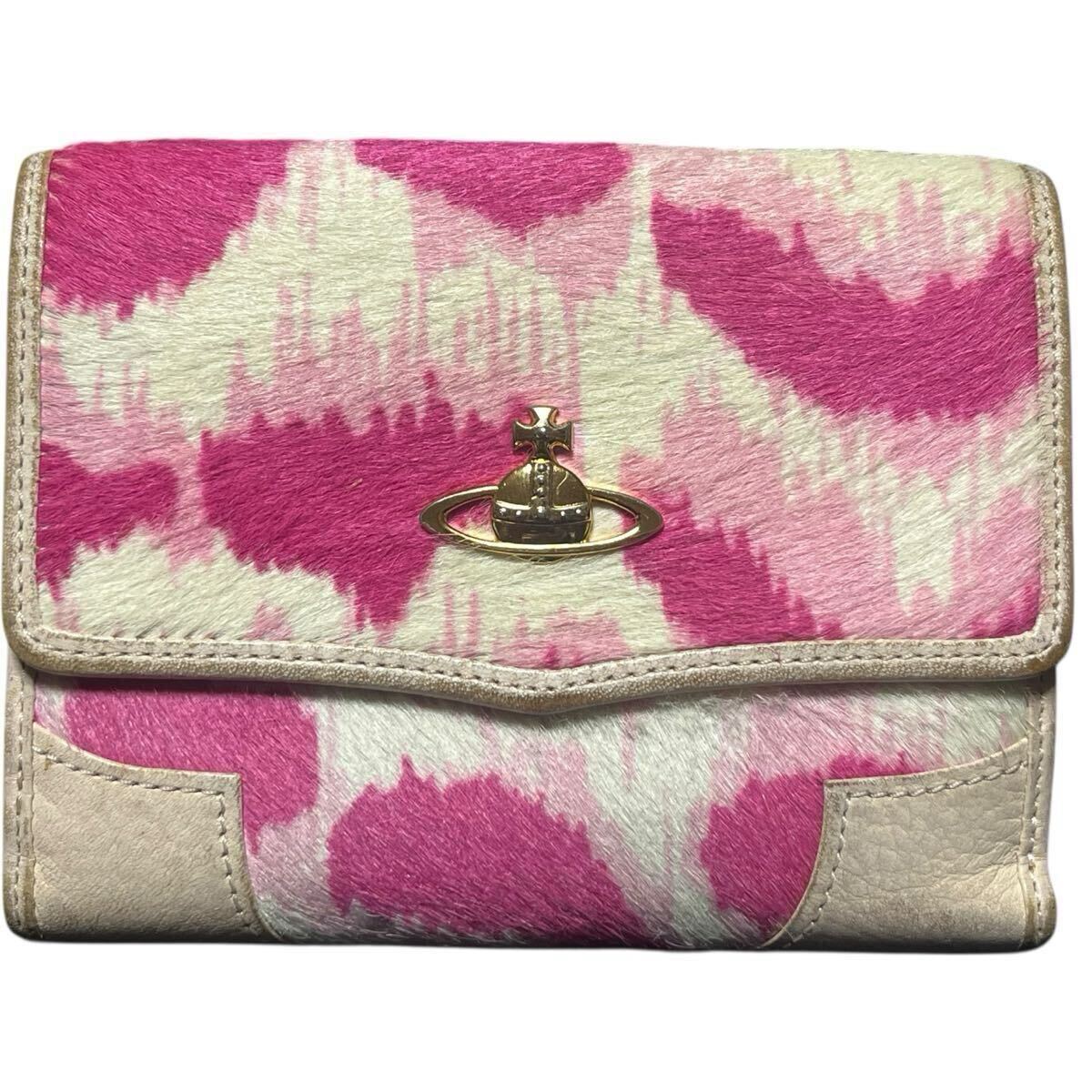 廃盤品 Vivienne Westwood ヴィヴィアンウエストウッド 二つ折り財布 ピンク ハラコ調 オーブロゴ 中古拍卖