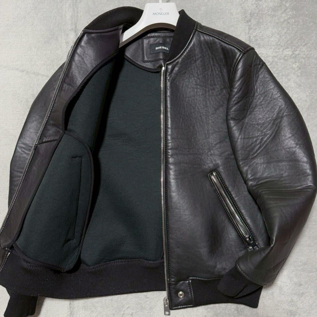 【美品】L相当★DIESEL ディーゼル MA-1 ボンバージャケット ボンディング 羊革 ラムレザー ライダース バイカー ブルゾン 黒 ブラック拍卖