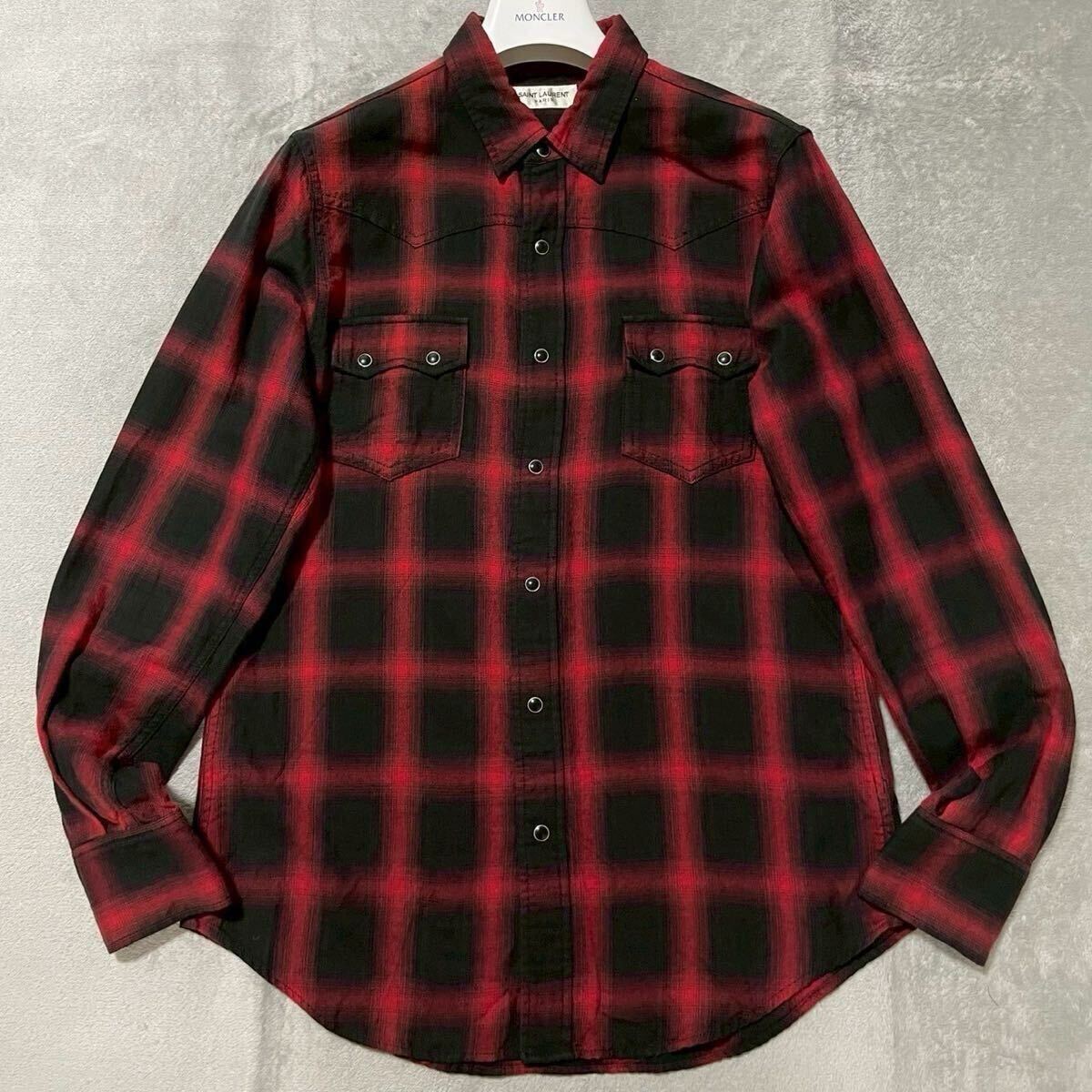 Mサイズ★SAINT LAURENT PARIS サンローランパリ 長袖 ウエスタンシャツ ネルシャツ オンブレ チェック 総柄 トップス 赤 レッド メンズ拍卖