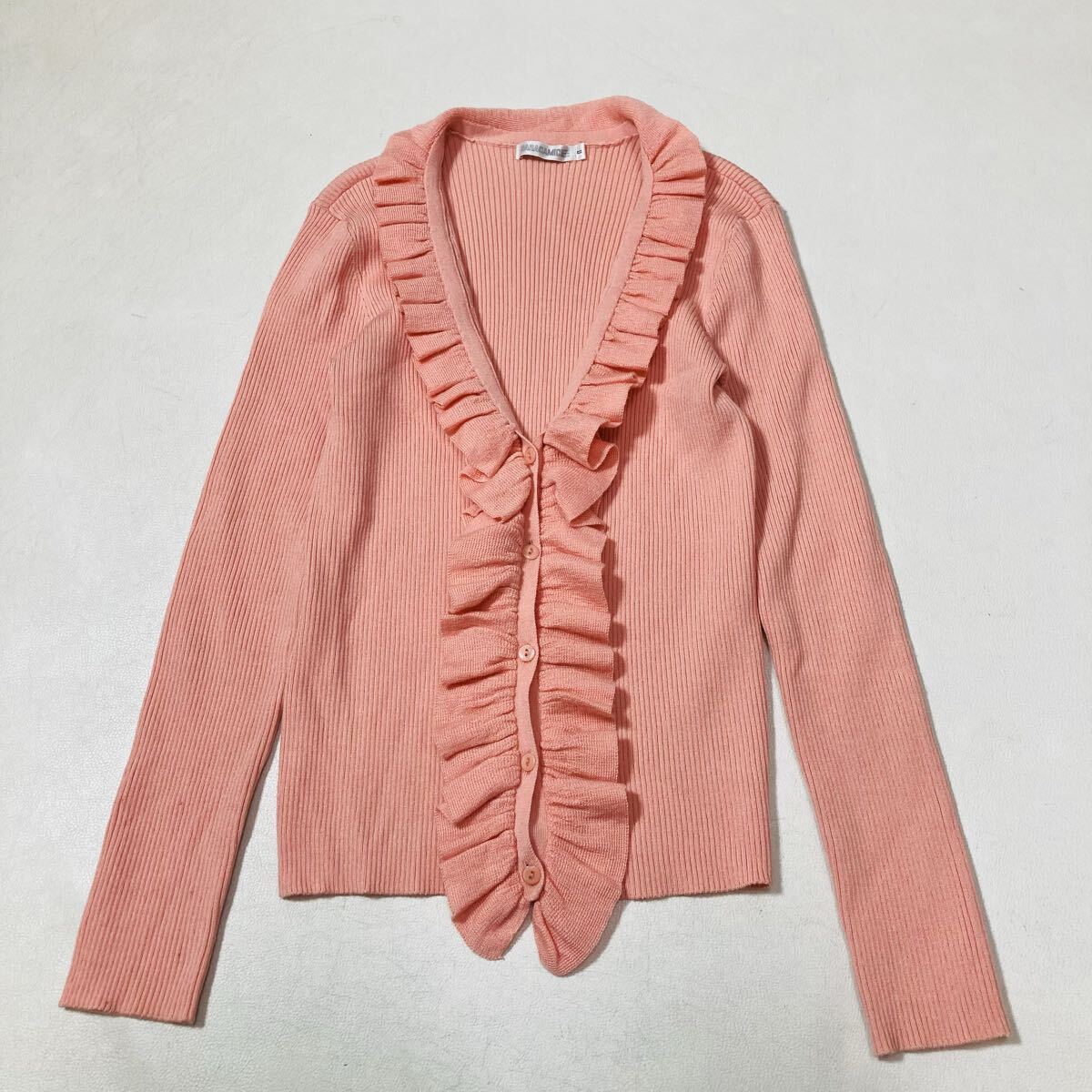 46 ナラカミーチェ NARACAMICIE フリル リブニット カーディガン 2 ピンク 長袖 羽織り ウールブレンド 51115N拍卖