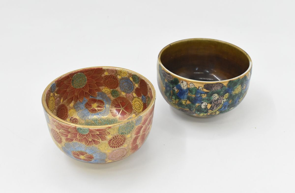 (1297S 1126H8) 1円~ 九谷焼 薩摩焼 茶碗 2点セット 木米 陶庄 沈寿官 菊牡丹 金蘭手花詰文 抹茶碗 飯碗 丼 深鉢 伝統工芸品 まとめて拍卖
