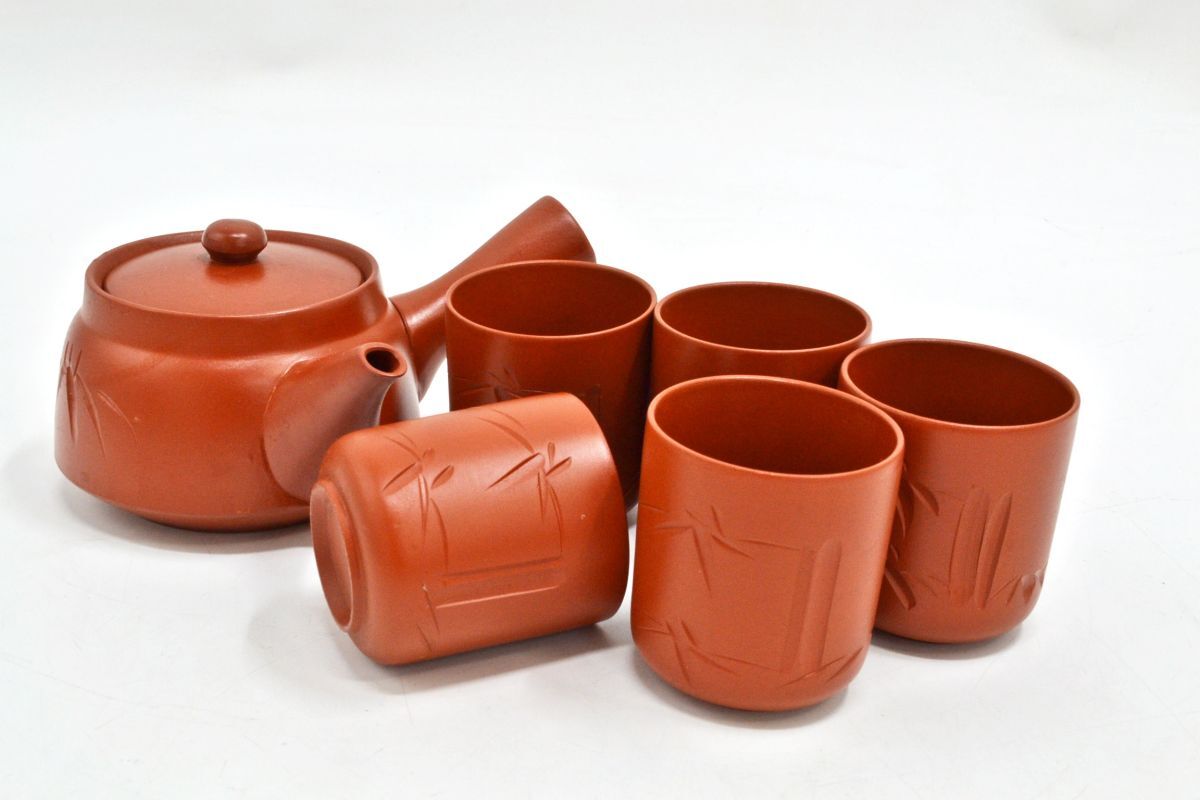 (1295M 1119R2) 1円~未使用 常滑焼 茶器揃 急須 湯呑5客 茶道具 茶道 茶碗 煎茶具 茶器 和食器 陶器茶碗 笹の葉 笹拍卖