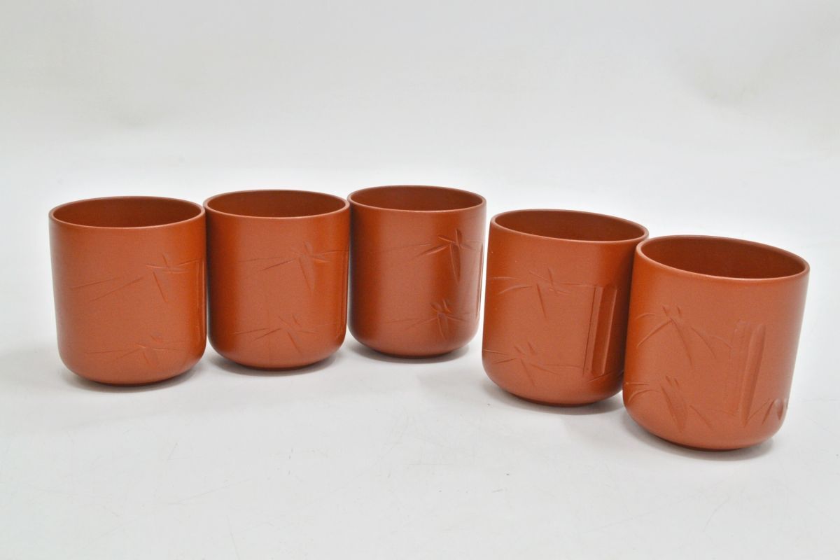 (1295S 1124R1) 1円~未使用 常滑焼 湯呑5客 茶器 茶道具 茶道 茶碗 煎茶具 和食器 陶器茶碗 笹の葉 笹拍卖