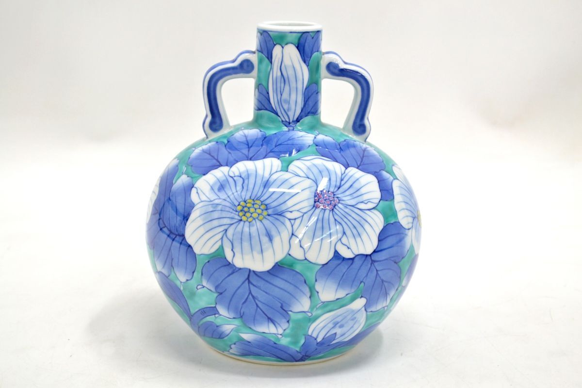 (1M 1126R4) 1円~有田焼 華山萬右衛門 花瓶 花器 耳付き花瓶 染錦あやめ 華山萬右衛門窯 華道具 花生け 生け花 生花 骨董 伝統工芸品拍卖