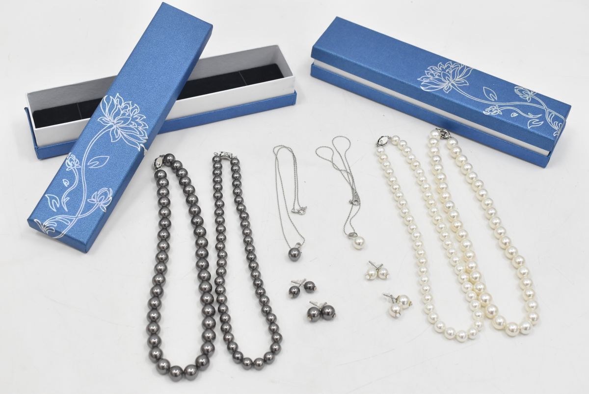 (1274S 1110T1)1円~ 未使用 貝パール ネックレス 10mm 8mm 一粒ペンダント イアリング 10mm 8mm 2箱セット 925刻印 ホワイト ブラック拍卖