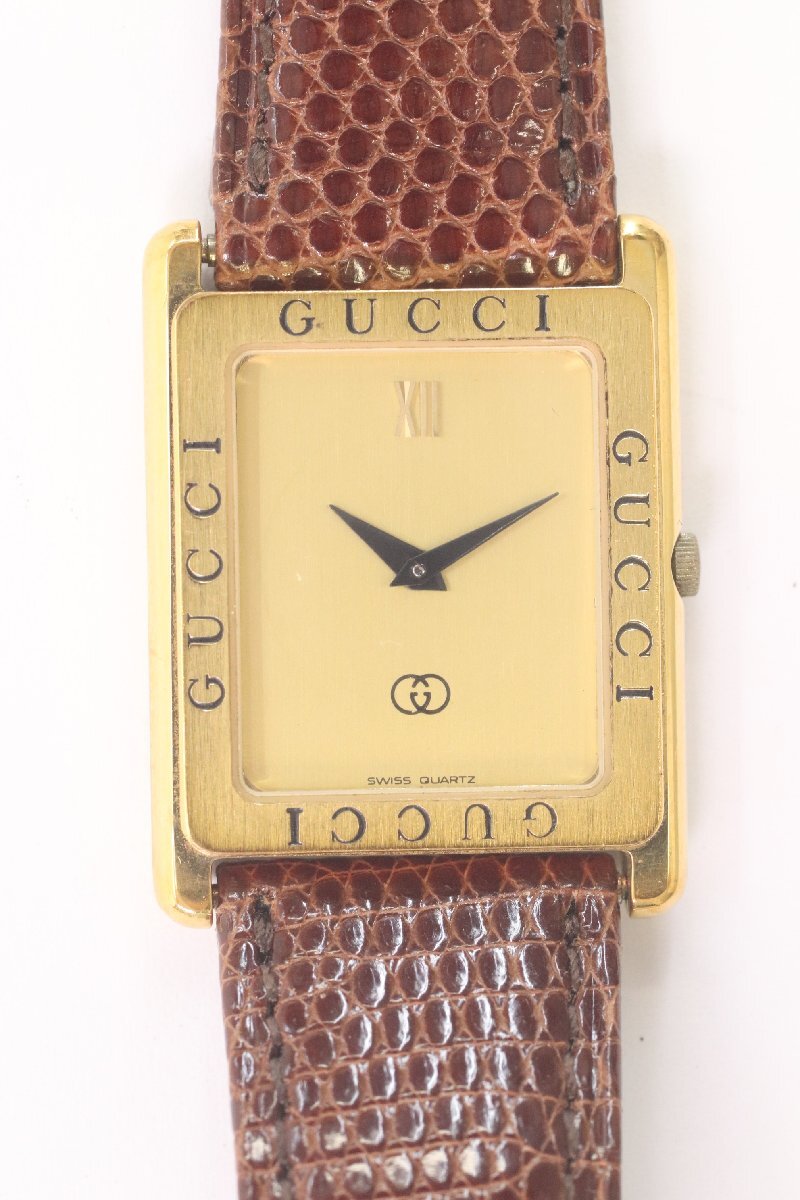 GUCCI グッチ 4000M スクエア クォーツ メンズ 腕時計 ゴールドカラー アイボリー文字盤 社外ベルト 3816-HA拍卖