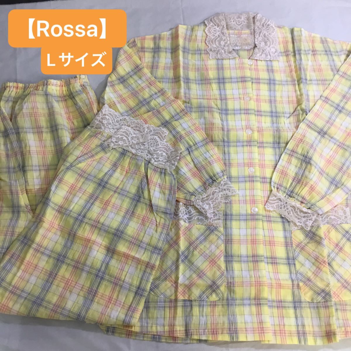 【Rossa】レース切り替え イエローチェック パジャマ 前開き 上下セット Lサイズ インポートロッサ 未使用 ゆったりマタニティの方にも◎拍卖