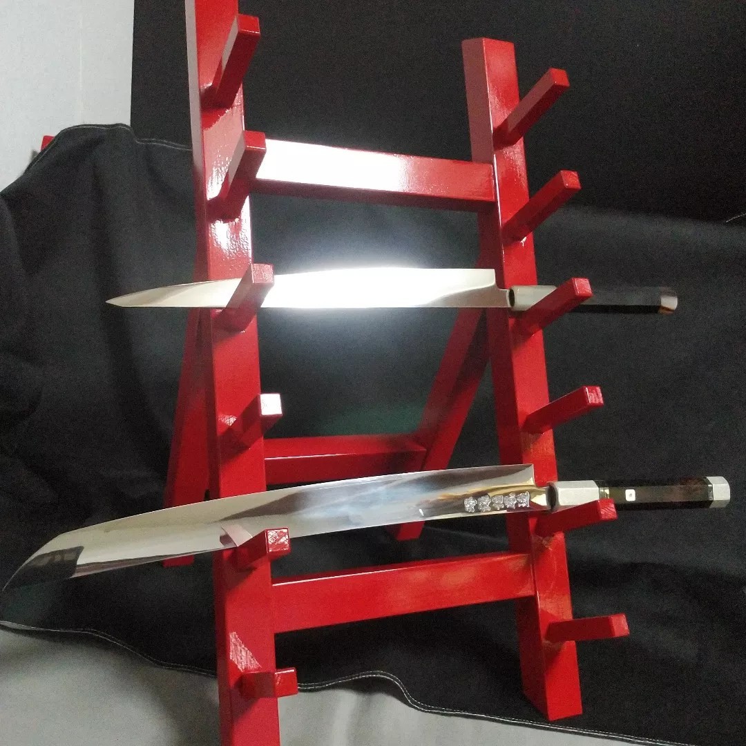 城山刃物製作所(堺業務用刃物メーカー直売)木製包丁掛け(6本) 赤ウレタン塗り拍卖