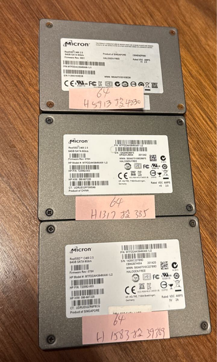使用時間1317-5913H/バラ売り64GB SSD SATA 3台セット拍卖