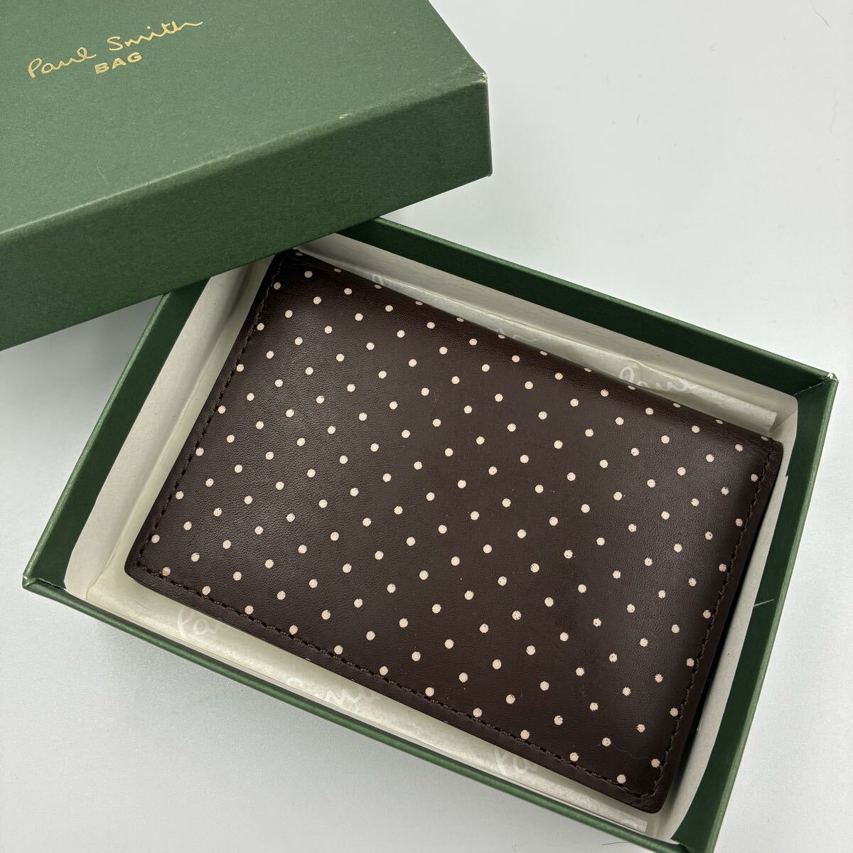 1円■未使用級■ポールスミス Paul Smith カードケース パスケース 定期入れ ヴィンテージ オールド 水玉模様 茶色 レザー 本革拍卖