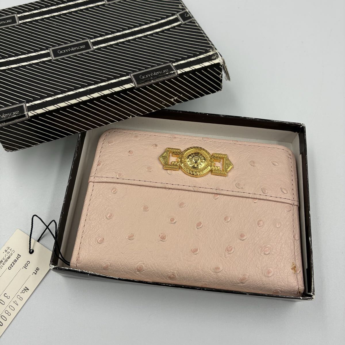 1円■美品■ヴェルサーチ カードケース オーストリッチ型押し サンバースト ピンク ゴールド金具 ヴィンテージ VERSACE拍卖
