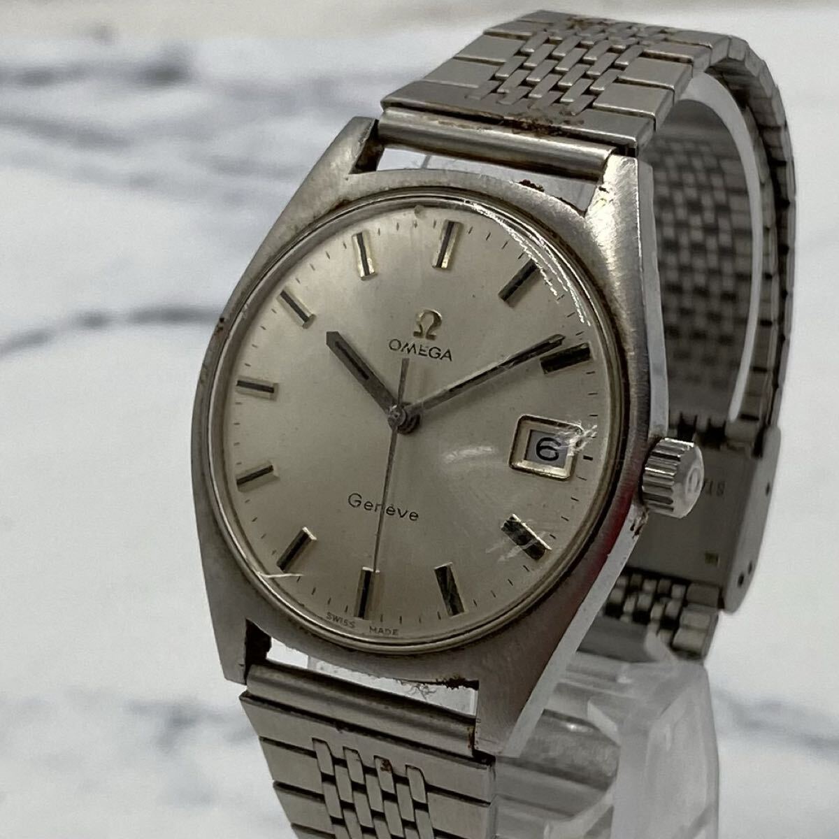 OMEGA/オメガ 腕時計 Geneve ジュネーブ デイト シルバー文字盤 手巻き式 ※訳あり S-7618拍卖