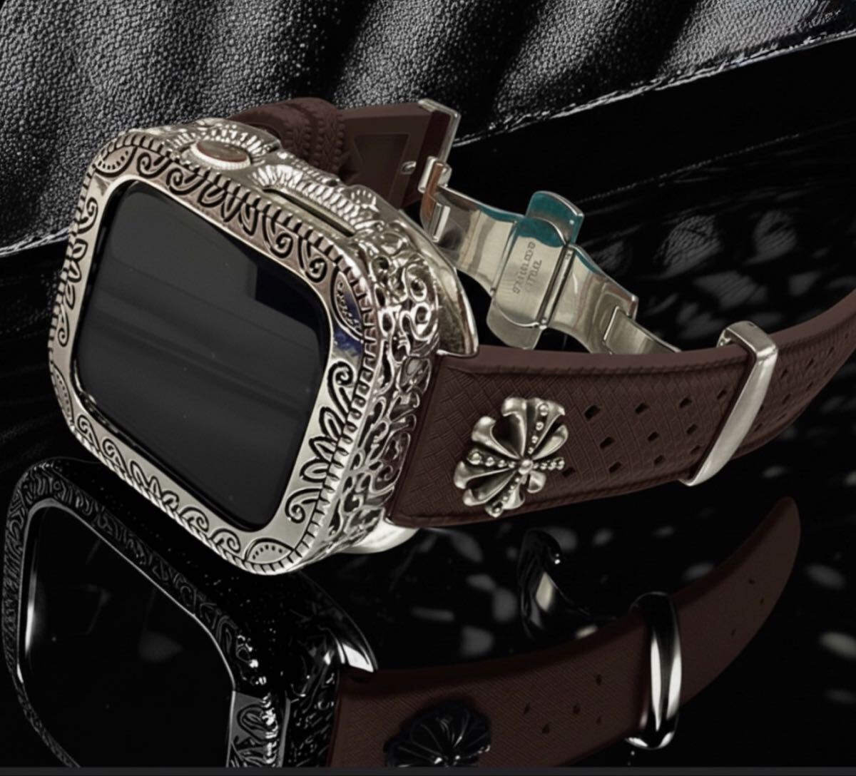 AppleWatch用フッ素ラバー バンド コンチョ アラベスクカバー ケース アップルウォッチ用カスタムバンド44 45 46 49 SE Ultraブラウン拍卖