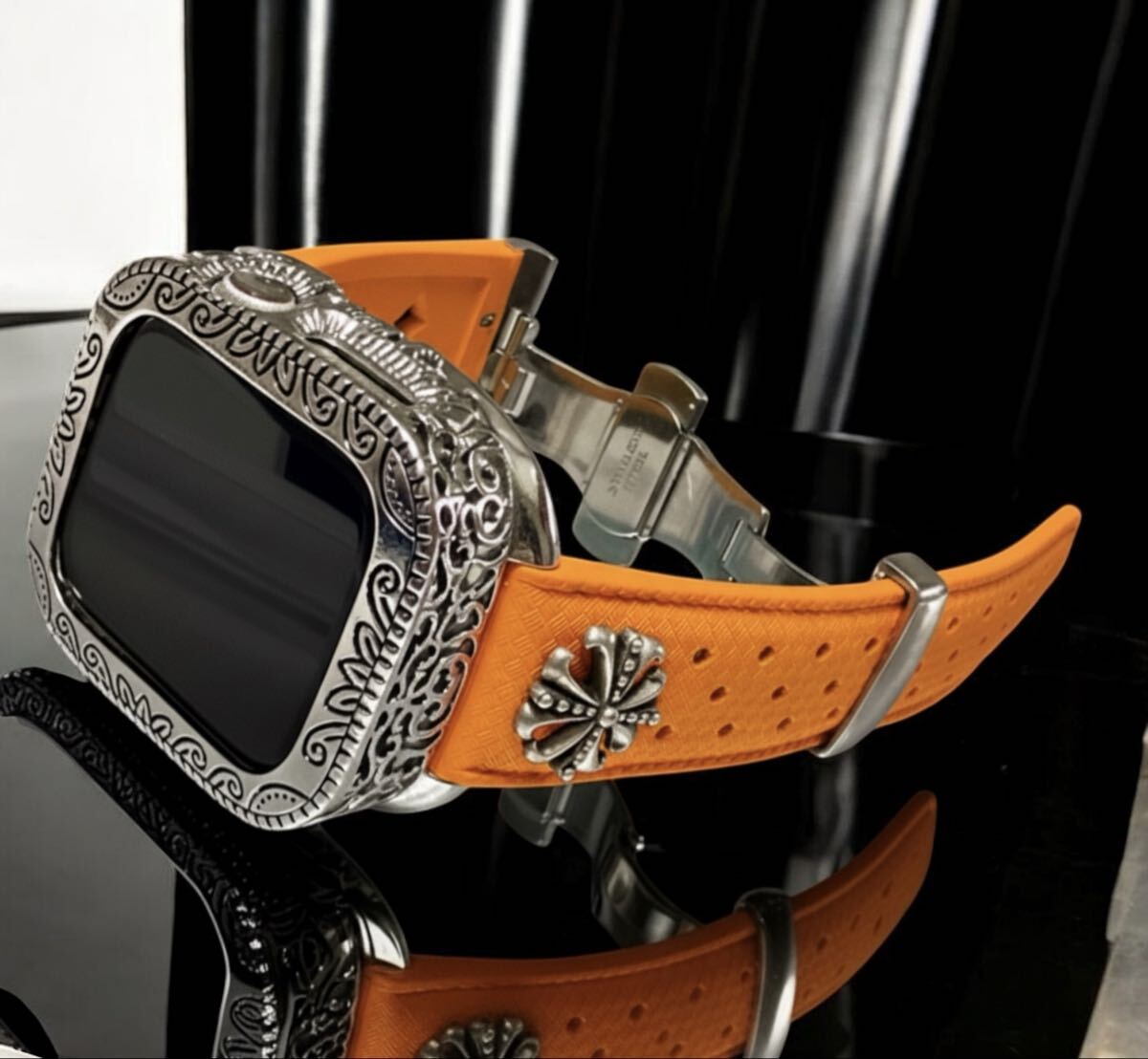 AppleWatch用フッ素ラバー バンド コンチョ アラベスクカバー ケース アップルウォッチ用 カスタムバンド 44 45 46 49 SE Ultra橙拍卖