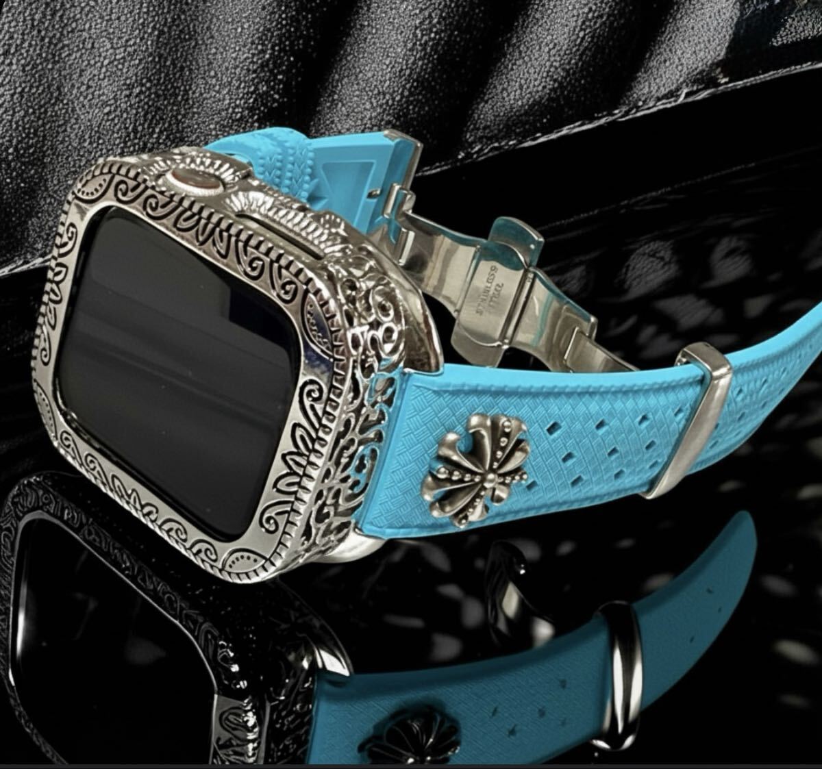 AppleWatch用フッ素ラバー バンド コンチョ アラベスクカバー ケース アップルウォッチ用 カスタムバンド 44 45 46 49 SE Ultra 青拍卖