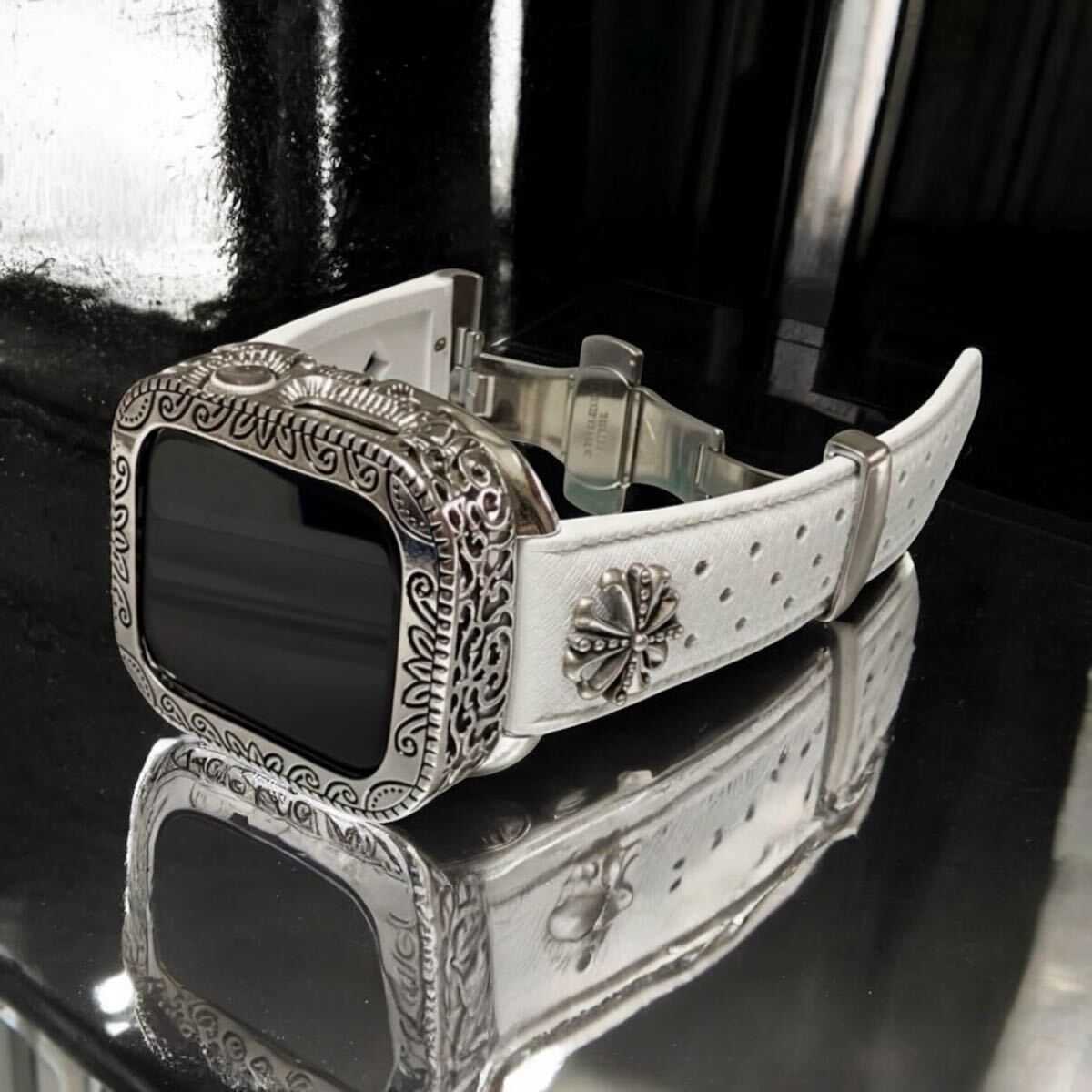 AppleWatch用フッ素ラバー バンド コンチョ アラベスクカバー ケース アップルウォッチ用 カスタムバンド 44 45 46 49 SE Ultra白拍卖