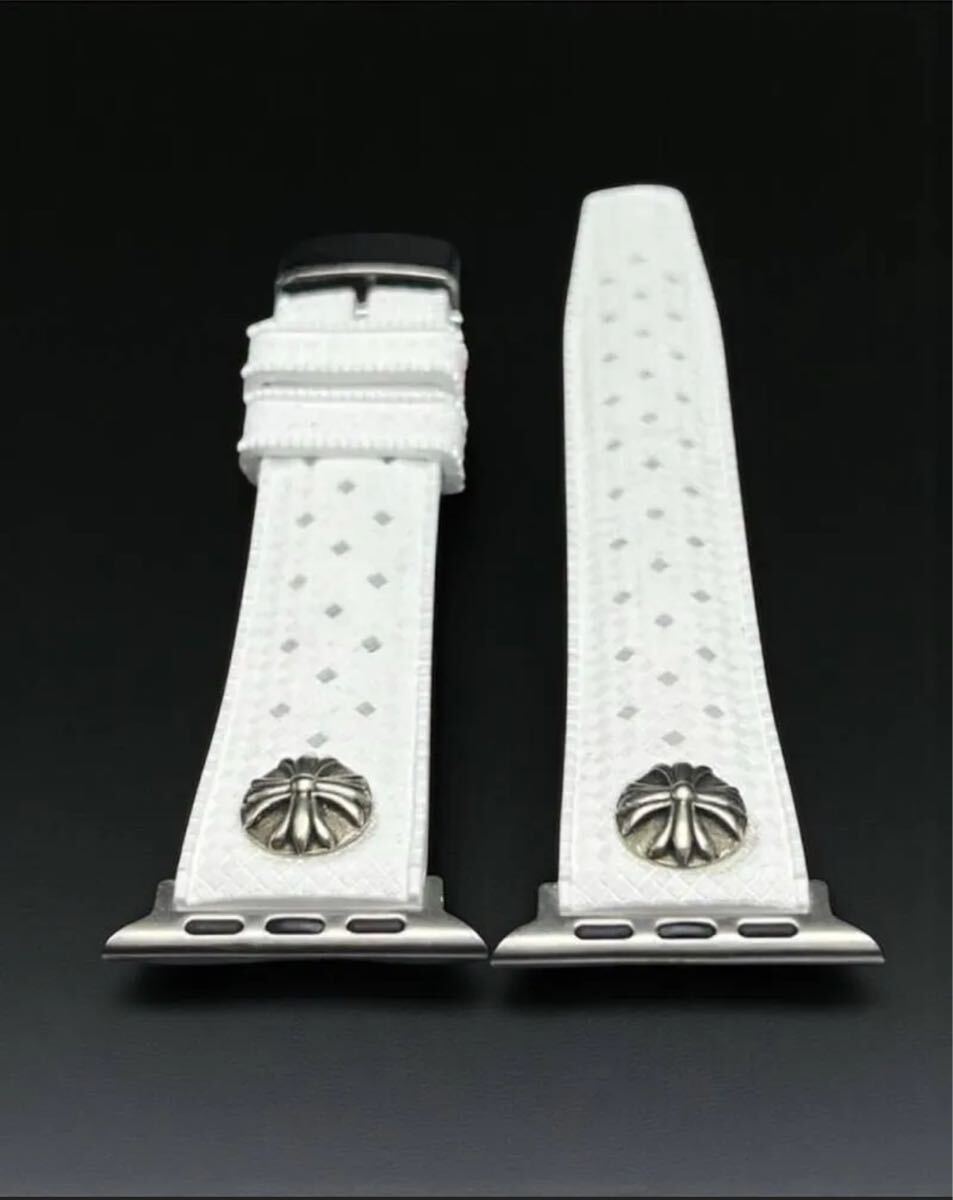 ホワイト AppleWatch用フッ素ラバー バンド コンチョ アップルウォッチ用 カスタム ベルト 38 40 41 42 44 45 46 49 SE Ultra拍卖