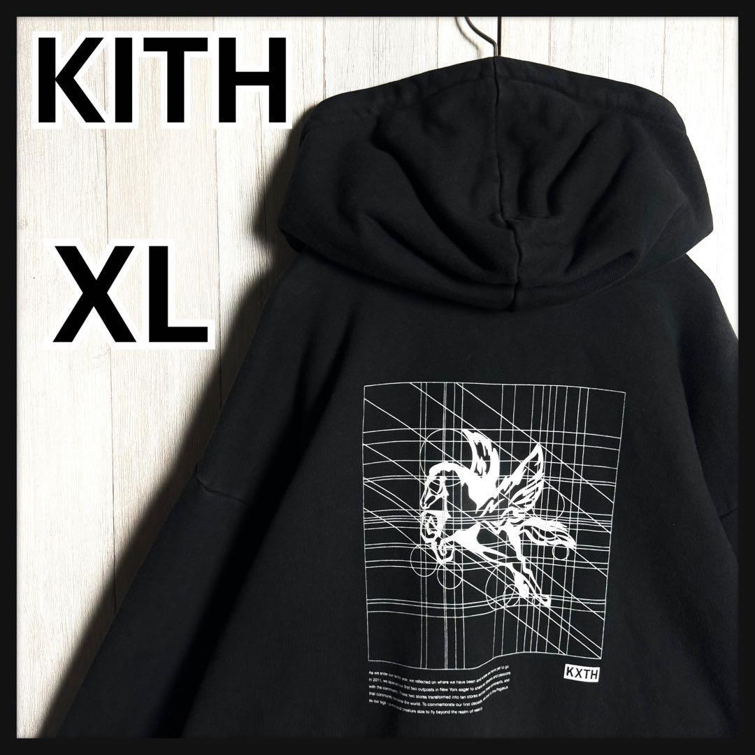 【超希少モデル・XLサイズ・美品】KITH キス ペガサス バックロゴ&刺繍ロゴ 両面ロゴ フーディー スウェット パーカー ブラック・黒拍卖