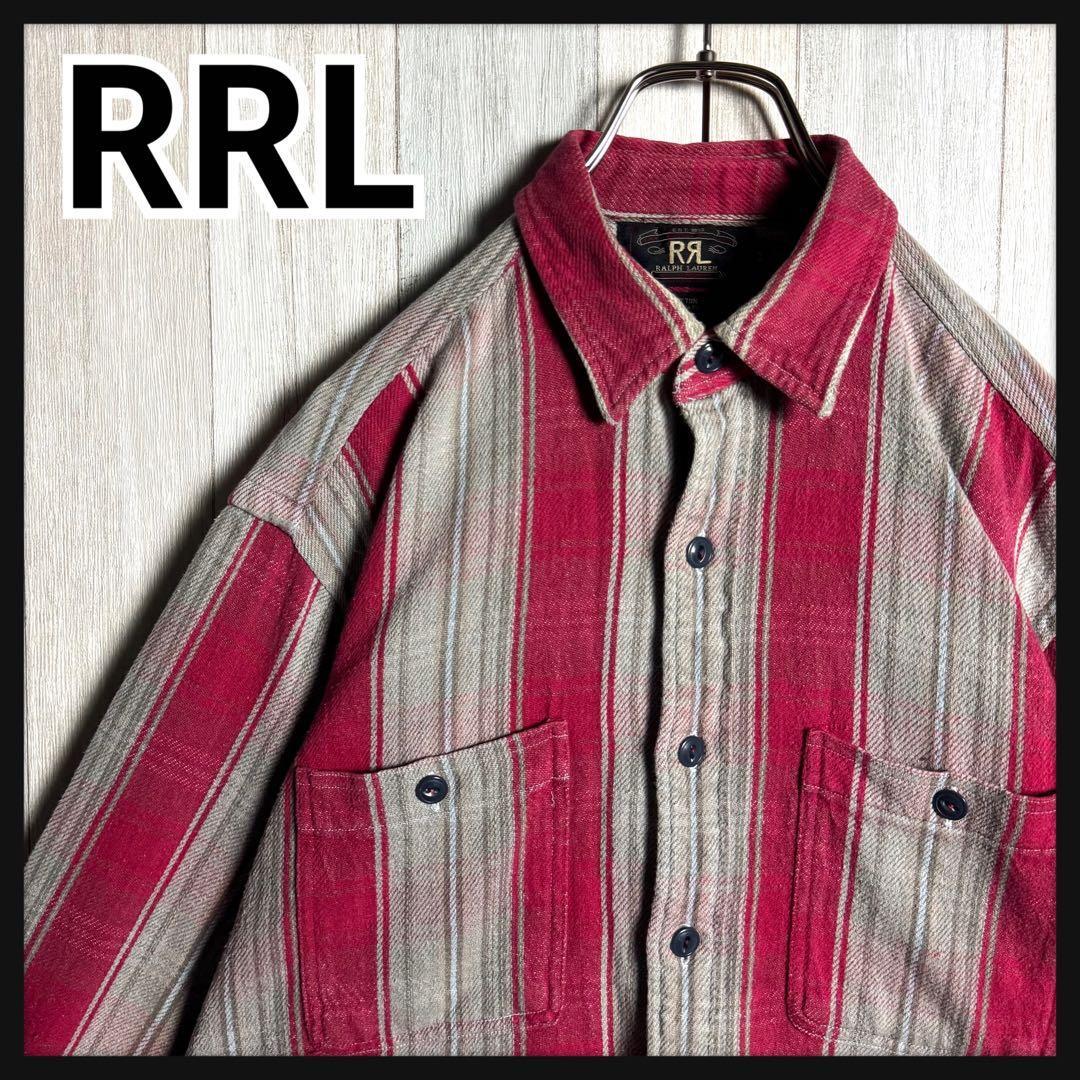 【初期三ツ星タグ・美品】90s RRL RALPH LAUREN ダブルアールエル ラルフローレン ヘビーフランネル ワークシャツ グレー&レッド M拍卖