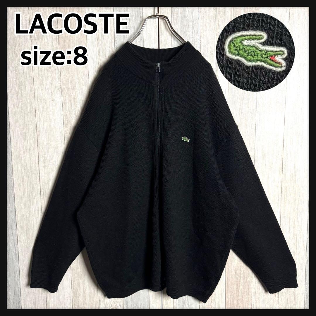 【超希少ビッグサイズ8・美品】LACOSTE ラコステ ワンポイント刺繍ロゴ ウール ドライバーズニット ブラック 黒 実寸3XL~4XL相当拍卖