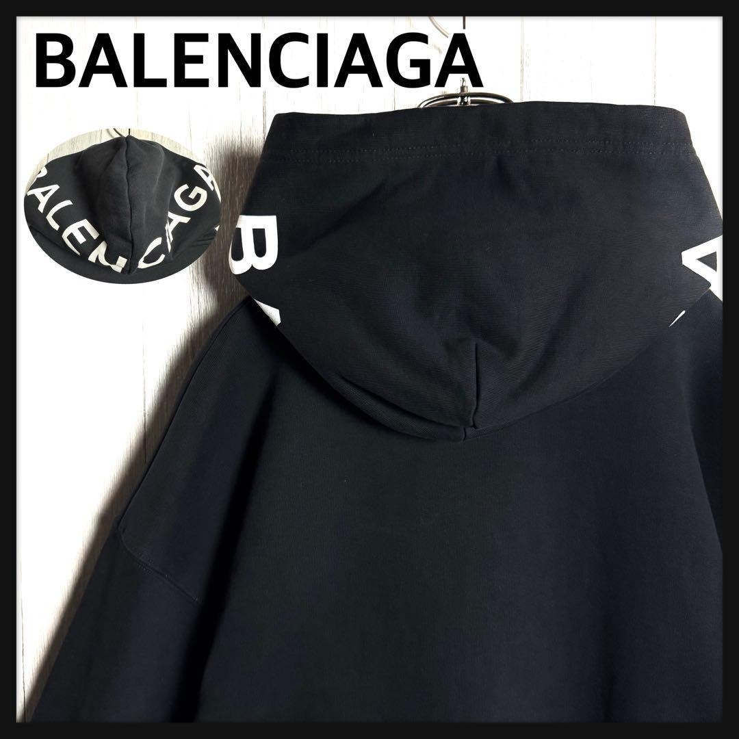 【人気デザイン・美品】ポルトガル製 BALENCIAGA バレンシアガ フードロゴ オーバーサイズ スウェット パーカー ブラック・黒 実寸XL相当拍卖