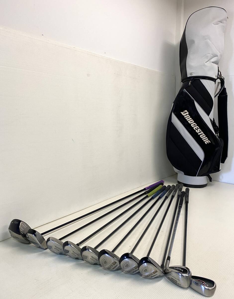 ★☆【1円~】え76 右利き用 ゴルフバッグ BRIDGESTONE 6口 クラブ 10点セット アイアン ドライバー フレックスR XXIO TOUR STAGE 他☆★拍卖