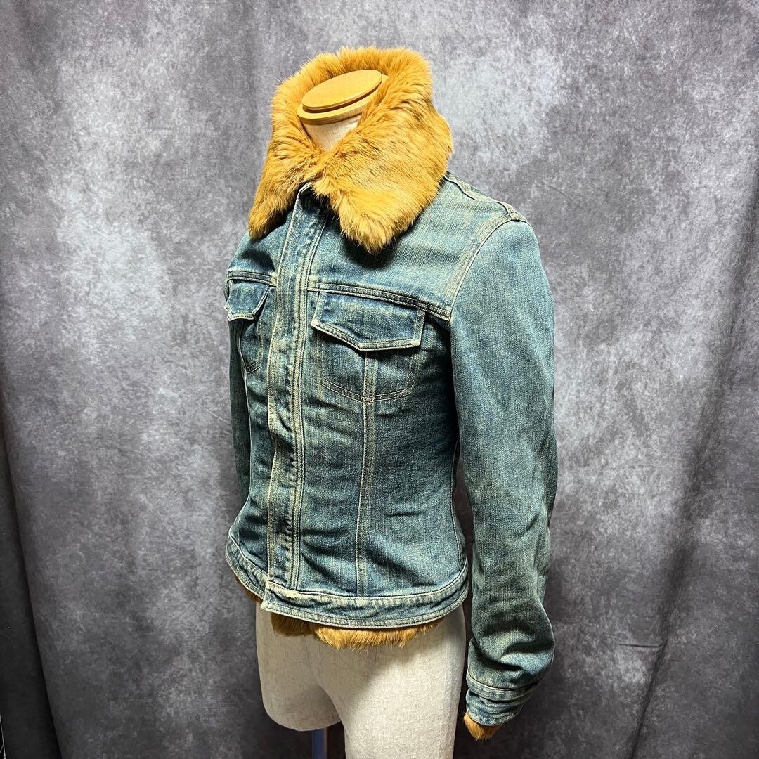 【ヴィンテージ風】フェイクファー襟付き デニムジャケット Gジャン ブルゾン レディース M相当 裏ボア 秋冬 アメカジ カジュアル拍卖